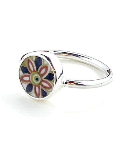 Brown, Black & Green Flower Round Vintage Pottery Ring- Size 9.5
