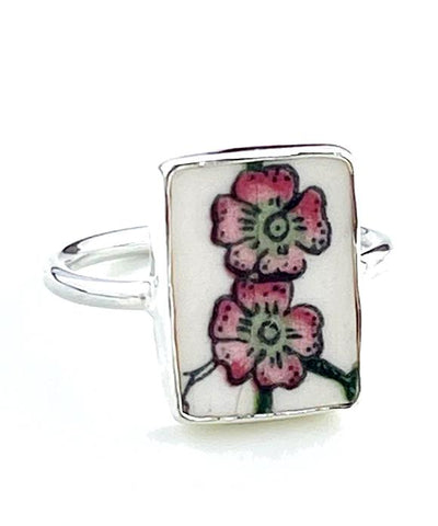 Double Cherry Blossom Rectangle Vintage Pottery Ring- Size 9