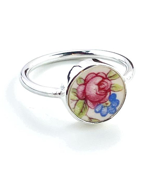 Rose & Blue Flower Round Vintage Pottery Ring- Size 9