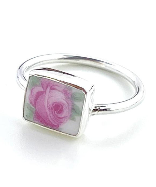Delicate Pink Rose Vintage Pottery Rectangle Ring- Size 8