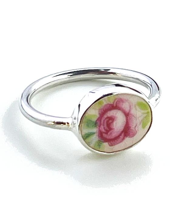 Delicate Soft Red Rose Vintage Pottery Oval Ring- Size 8