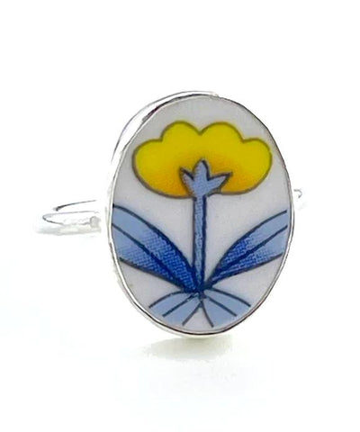 Modern Blue & Yellow Flower Vintage Pottery Oval Ring- Size 8.5