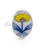 Modern Blue & Yellow Flower Vintage Pottery Oval Ring- Size 8.5