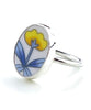 Modern Blue & Yellow Flower Vintage Pottery Oval Ring- Size 8.5