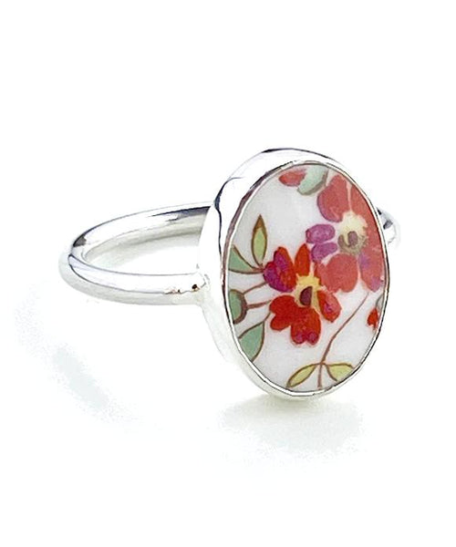 Orange Flowers Vintage Pottery Oval Ring- Size 8