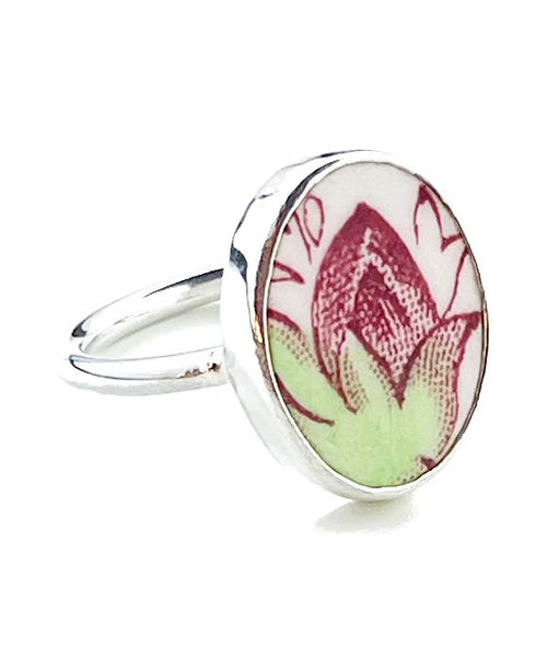 Simple Rose Bud Vintage Pottery Oval Ring- Size 8.5