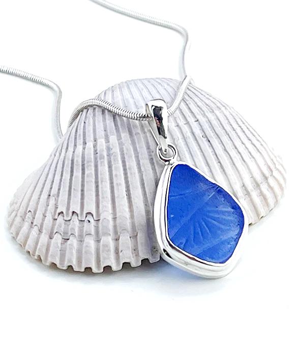 Textured Blue Sea Glass Simple Pendant on Silver Chain