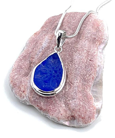 Flower Textured Blue Sea Glass Simple Pendant on Silver Chain