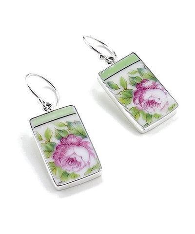 Pink flower with Mint Border Vintage Pottery Large Rectangle Single Drop Earrings