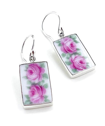 Double Roses Vintage Pottery Large Rectangle Single Drop Earrings