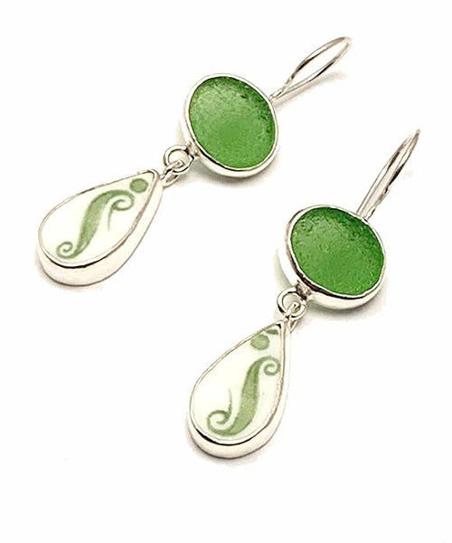 Green Sea Glass & Green Swirl Vintage Pottery Double Drop Earrings