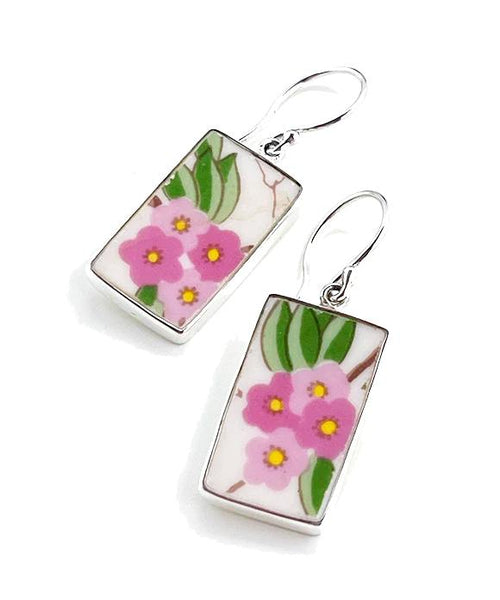 Leafy Pink Flowers Vintage Pottery Large Rectangle Single Drop Earrings