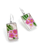 Leafy Pink Flowers Vintage Pottery Large Rectangle Single Drop Earrings