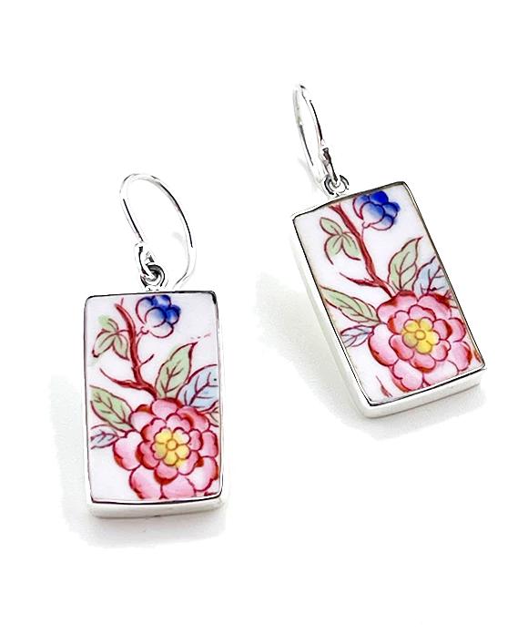 Big Red Flower Vintage Pottery Rectangle Single Drop Earrings #2