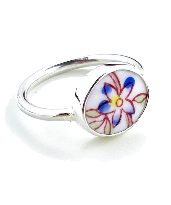Blue & Yellow Flower Vintage Pottery Oval Ring- Size 7