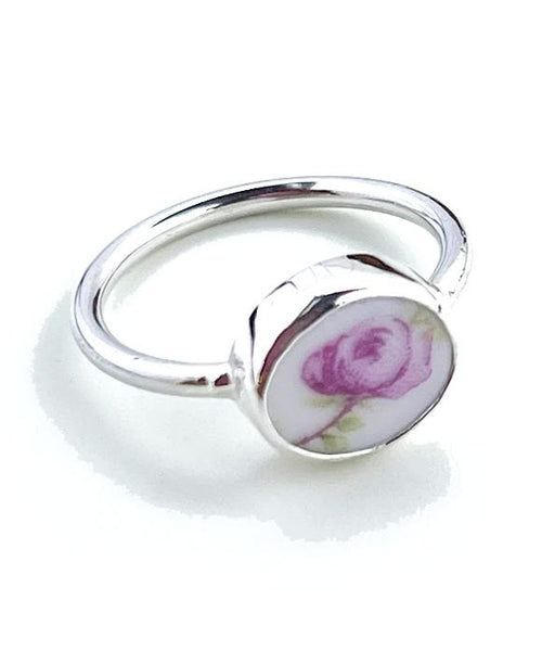 Romantic Pink Rose Vintage Pottery Oval Ring- Size 7