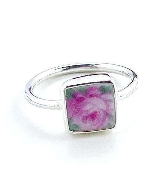 Delicate Pink Rose Vintage Pottery Square Ring- Size 7