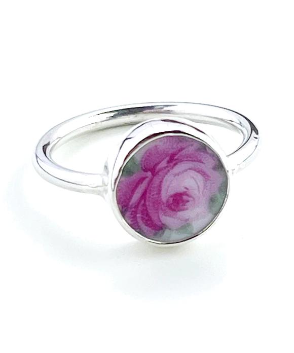 Delicate Pink Rose Vintage Pottery Round Ring- Size 7.5