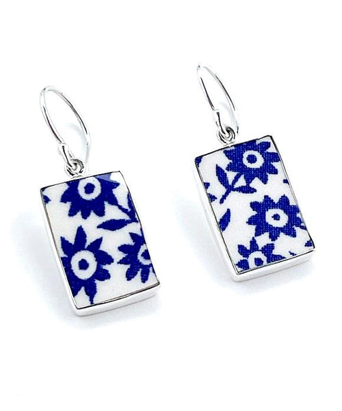 Simple Blue Flower Vintage Pottery Rectangle Single Drop Earrings