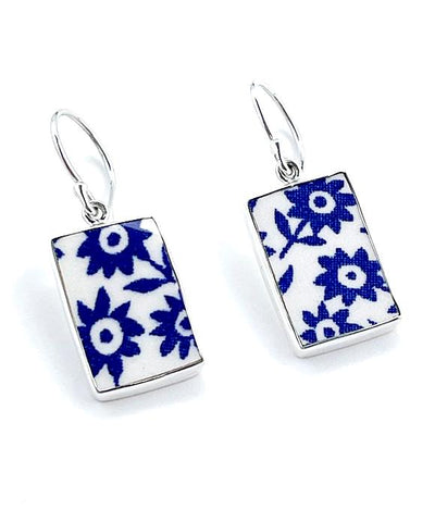 Simple Blue Flower Vintage Pottery Rectangle Single Drop Earrings
