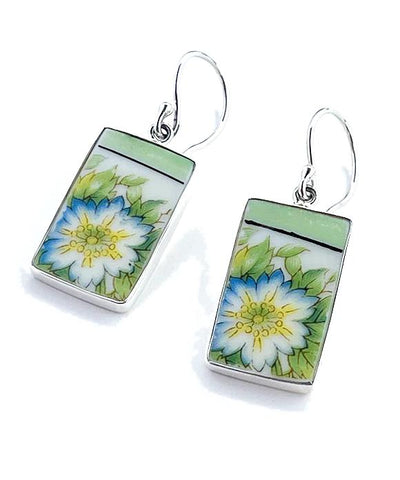 Blue Flower with Mint Border Vintage Pottery Large Rectangle Single Drop Earrings