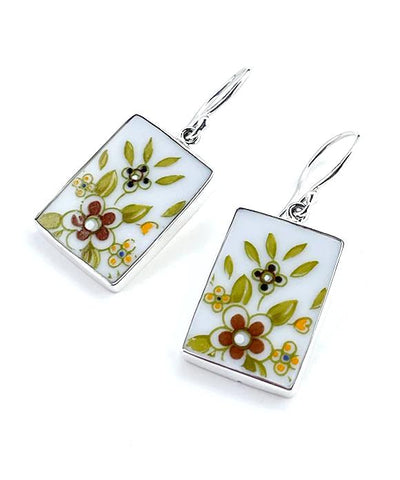 Retro Brown, Olive and Yellow Flower Vintage Pottery Rectangle Single Drop Earrings