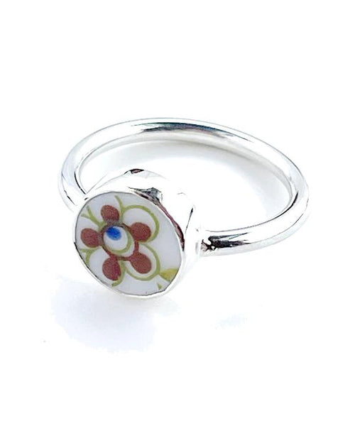 Brown Flower Round Vintage Pottery Ring- Size 6.5