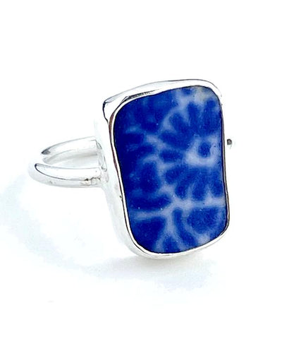 Cobalt Blue & White Flower Patterned Sea Pottery Ring- Size 6.5