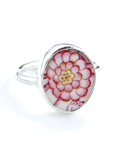 Pretty Petals in Pink and Red Flower Vintage Pottery Ring- Size 6