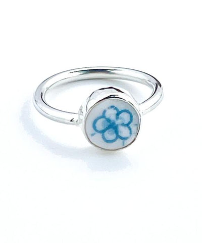 Aqua Blue Flower Vintage Pottery Oval Ring- Size 4.5
