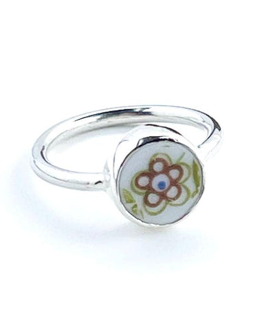 Simple Brown & Green Flower Round Vintage Pottery Ring- Size 4.5