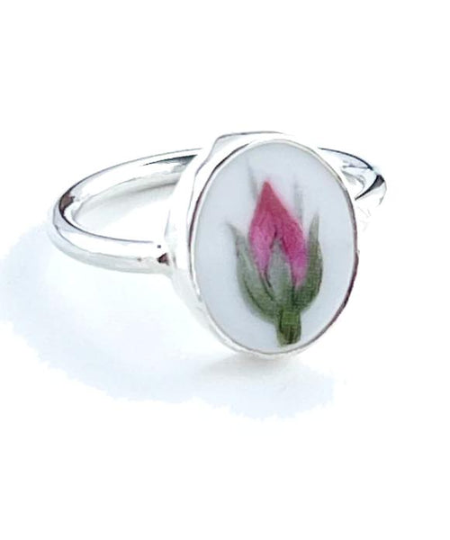 Pink Rose Bud Vintage Pottery Oval Ring- Size 4