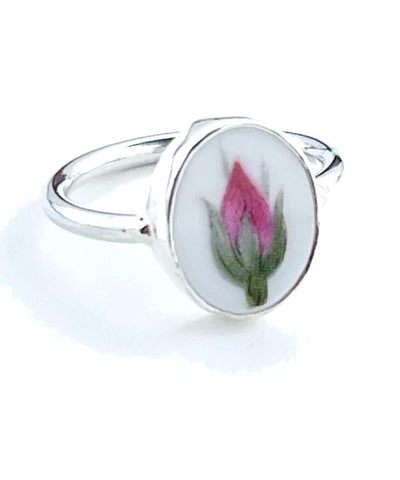 Pink Rose Bud Vintage Pottery Oval Ring- Size 4