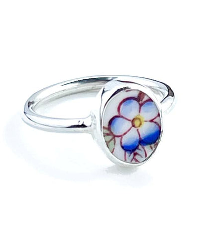 Blue, Red & Yellow Flower Vintage Pottery Oval Ring- Size 4.5