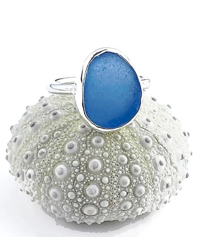 Denim Blue Sea Glass Ring Simple Round Band - Size 7.5