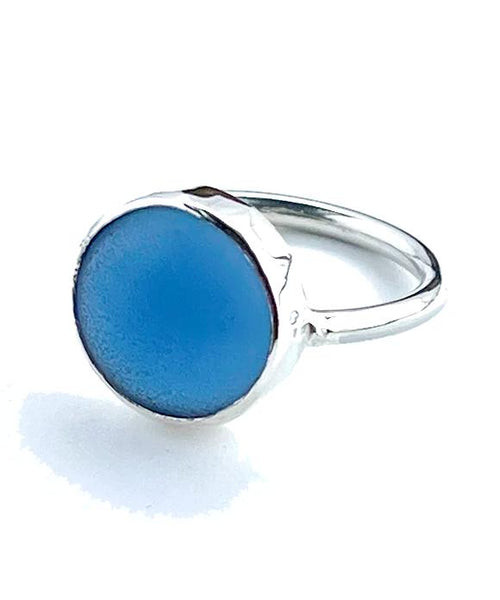 Teal Blue Sea Glass Marble Ring Simple Round Band - Size 7