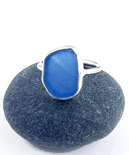 Blue Sea Glass Ring Simple Round Band - Size 7.5