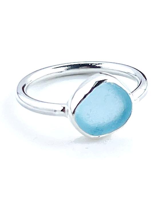 Aqua Blue Sea Glass Ring Simple Round Band - Size 7