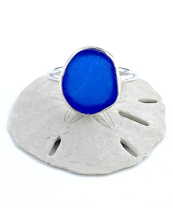 Cobalt Blue Sea Glass Ring Simple Round Band - Size 7.5