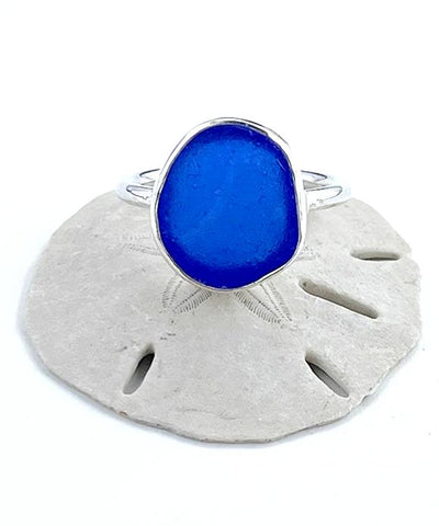 Cobalt Blue Sea Glass Ring Simple Round Band - Size 7.5