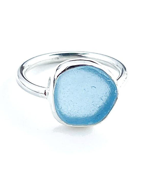 Light Aqua Blue Sea Glass Ring Simple Round Band - Size 6.5