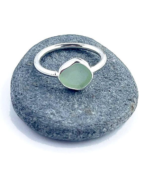 Soft Sage Green Sea Glass Ring Simple Round Band - Size 6.5