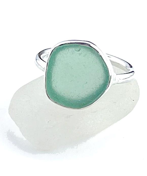 Sage Green Sea Glass Ring Simple Round Band - Size 6