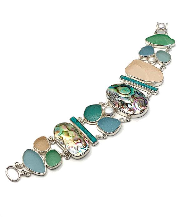 Aqua, Blue, Green and Pink Sea Glass with Turquoise and Abalone Cluster Bracelet - 8