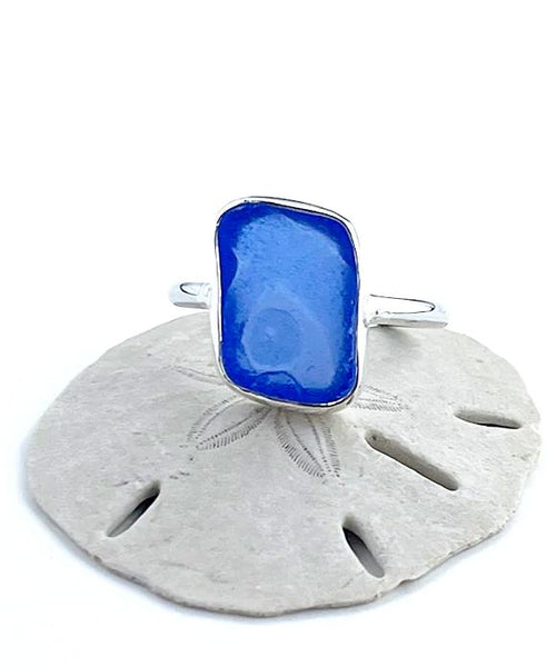 Textured Blue Sea Glass Ring Simple Round Band - Size 6.5