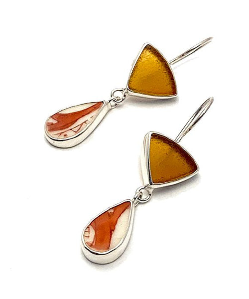 Brown Sea Glass with Geometric Rust Vintage Pottery Double Drop Earrings