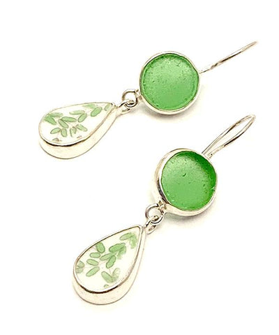Round Green Sea Glass and Green Leaf Patterned Vintage Pottery Double Drop Earrings