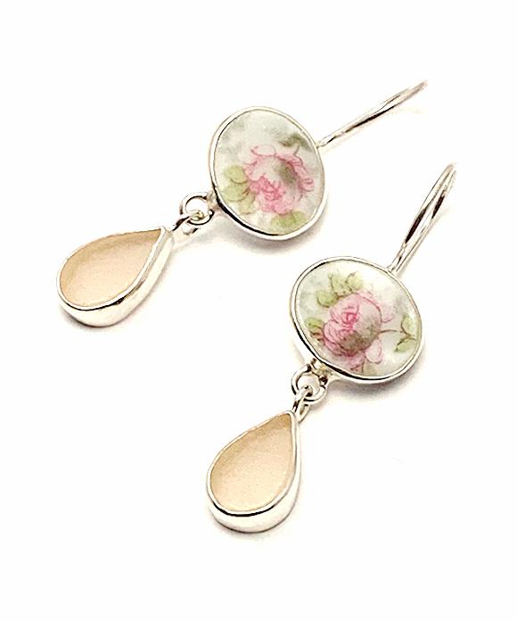 Pink Sea Glass with Delicate Pink Rosebuds Vintage Pottery Double Drop Earrings