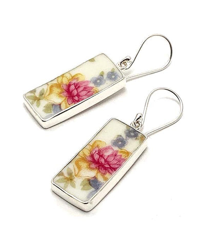 Pink Lotus Flower Vintage Pottery Rectangle Single Drop Earrings