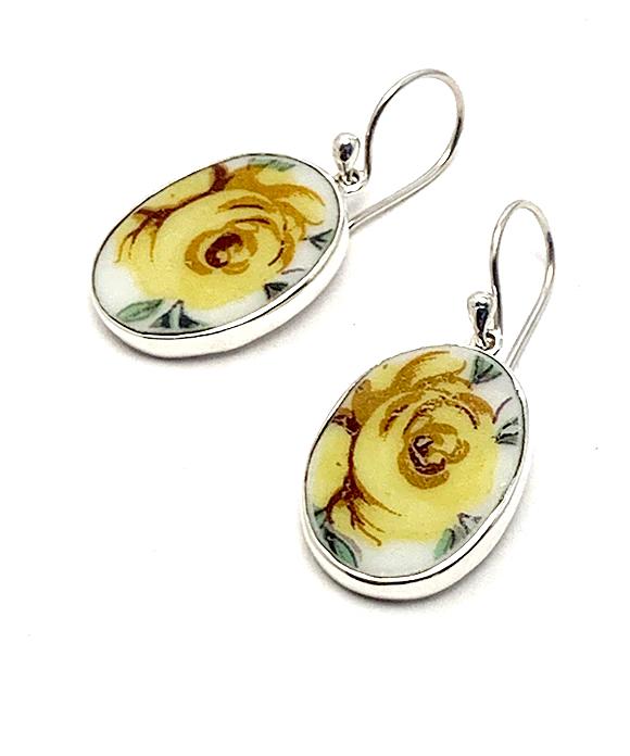 Big Yellow Roses Vintage Pottery Oval Single Earrings